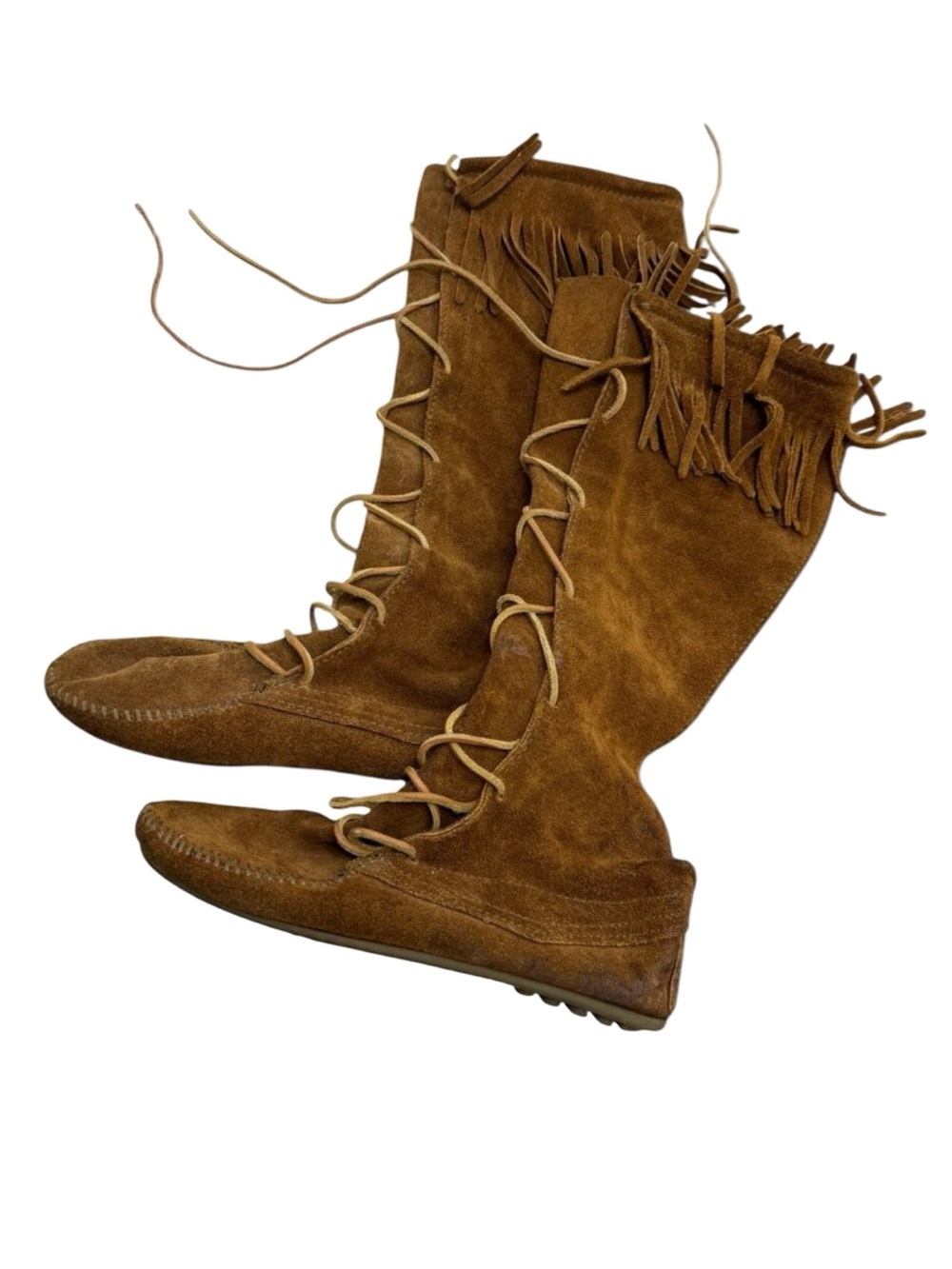 Vintage Minnetonka Tan Suede Lace Up Fringe Boots Shin High Rubber Sole 1970s
